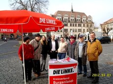 Mitglieder und SympathiesantInnen des Stadtverbandes Naumburg/Saale (Basisorganisation Naumburg) vor dem Naumburger Rathaus