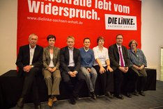 Gemeinsam in den Wahlkampf – Roland Claus, Katrin Kunert, Jan Korte, Petra Sitte, Elke Reinke, Jörg Schindler und Rosemarie Hein sind die KandidatInnen unserer Landesliste.